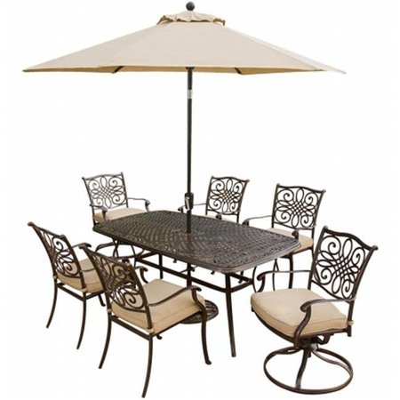 HANOVER Hanover TRADITIONS7PCSW-SU Traditions Outdoor Patio Dining Set - 7 Pieces (4 Dining; 2 Swivel Chairs; 38" x 72" Aluminum Table) and Umbrella TRADITIONS7PCSW-SU